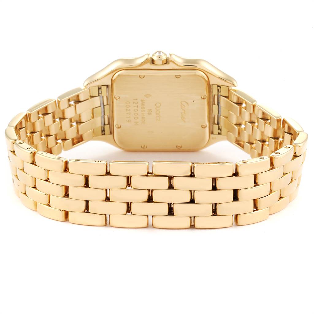 The image shows the back case and bracelet of a Panthere model watch by Cartier, viewed from a rear angle.