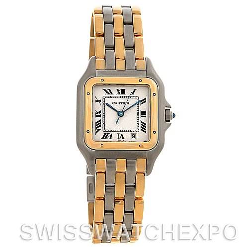 This image shows a frontal view of the Cartier Panthere Yellow Gold Beige Dial Yellow Gold Beige Dial watch, highlighting its two-tone metal bracelet and square face with Roman numerals.