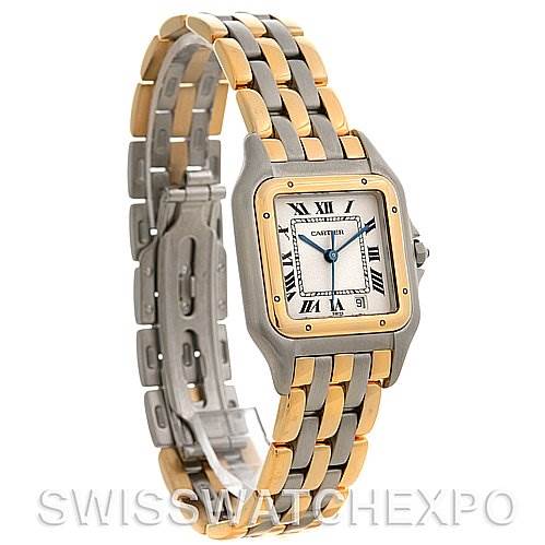The image shows a three-quarter side view of a Panthère model by Cartier, highlighting the case, dial, bracelet, and clasp.