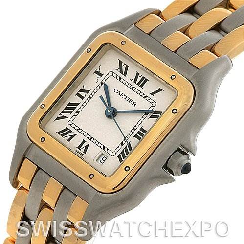 The image shows a Cartier Panthere Yellow Gold Beige Dial Yellow Gold Beige Dial watch angled to highlight its dial, two-tone case, bracelet, and crown.