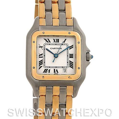 The image shows a front view of a Cartier Panthere Yellow Gold Beige Dial Yellow Gold Beige Dial model, highlighting the watch face, bezel, and part of the bracelet.