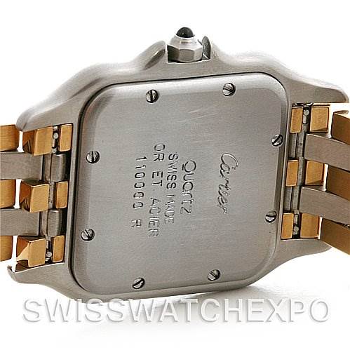 This image shows the back case and bracelet of the Cartier Panthere Yellow Gold Beige Dial Yellow Gold Beige Dial watch, highlighting the model
s inscriptions and metal links.