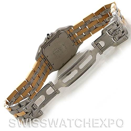 The image shows the backside and clasp of a Cartier Panthere Yellow Gold Beige Dial Yellow Gold Beige Dial watch, highlighting its two-tone metal bracelet.