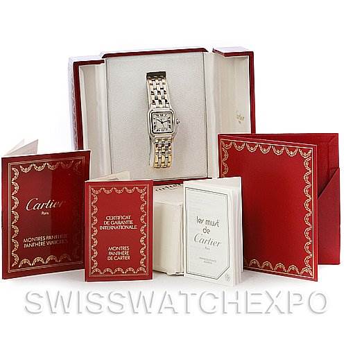 The image shows a Cartier Panthere Yellow Gold Beige Dial Yellow Gold Beige Dial watch from a front angle, with its box, manuals, and certificates.