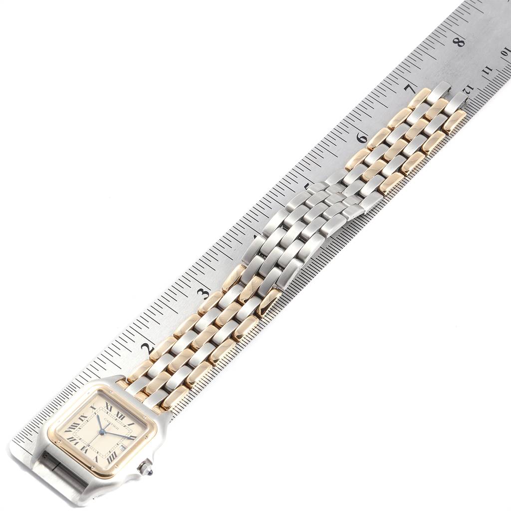 The image shows the face and band of a Cartier Panthere 187957 Steel and Gold (two tone) Beige Dial 187957 Steel and Gold (two tone) Beige Dial watch placed against a ruler for measurement.