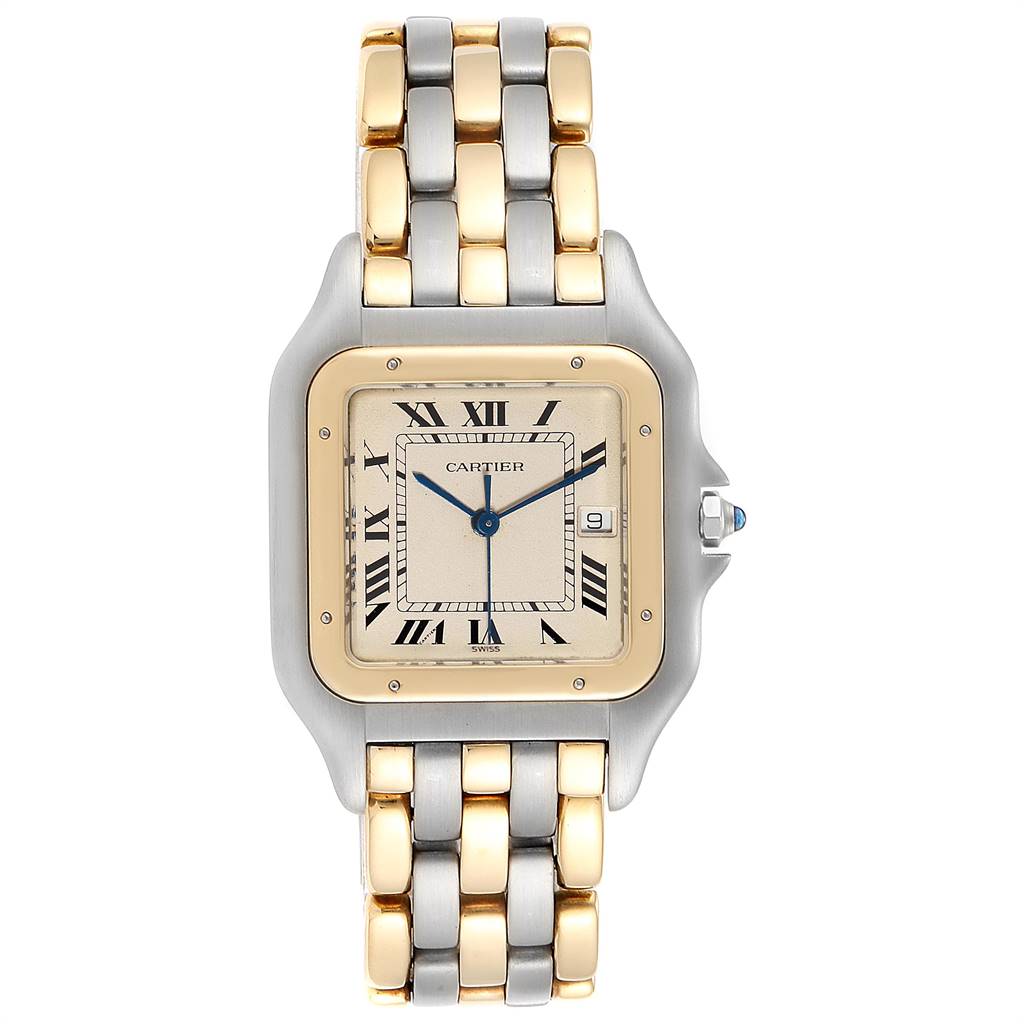 The image shows a frontal view of a Cartier Panthere 187957 Steel and Gold (two tone) Beige Dial 187957 Steel and Gold (two tone) Beige Dial watch, highlighting its two-tone bracelet and square dial with Roman numerals.