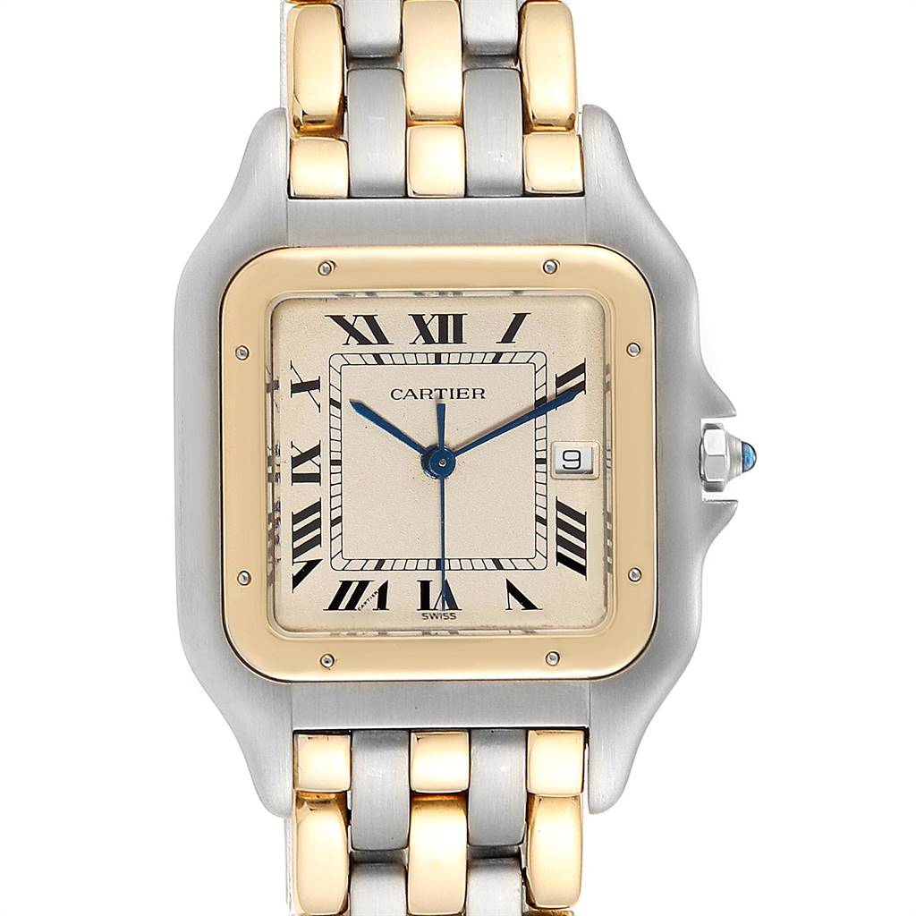 The image shows a Cartier Panthere 187957 Steel and Gold (two tone) Beige Dial 187957 Steel and Gold (two tone) Beige Dial watch from a front angle, highlighting its face, bezel, and parts of the two-tone band.
