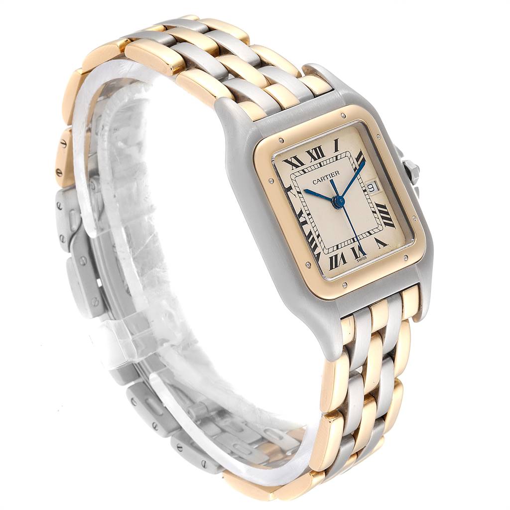 The image shows a side angle of a Cartier Panthere 187957 Steel and Gold (two tone) Beige Dial 187957 Steel and Gold (two tone) Beige Dial watch, highlighting its case, face, and gold-silver bracelet.