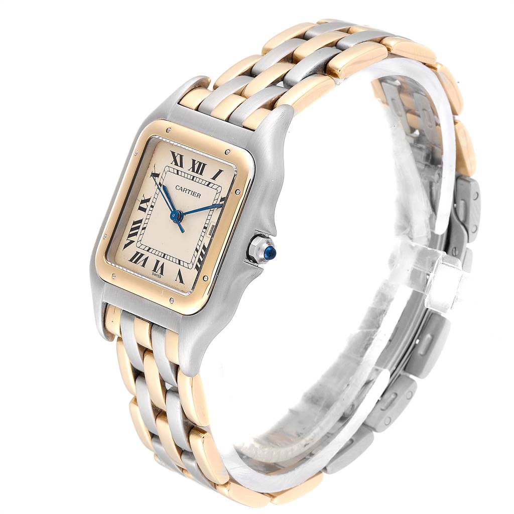 The image shows a Cartier Panthere 187957 Steel and Gold (two tone) Beige Dial 187957 Steel and Gold (two tone) Beige Dial watch at a three-quarter angle, highlighting its face, strap, and crown.