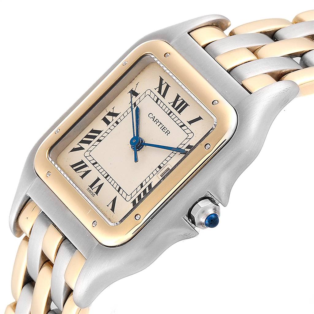 The image shows a close-up, angled view of the Cartier Panthere 187957 Steel and Gold (two tone) Beige Dial 187957 Steel and Gold (two tone) Beige Dial watch, highlighting its dial, bezel, and part of the bracelet.