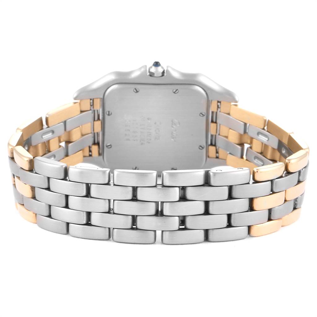 The image shows the back view of a Cartier Panthere 187957 Steel and Gold (two tone) Beige Dial 187957 Steel and Gold (two tone) Beige Dial watch, highlighting the case back and two-tone bracelet.