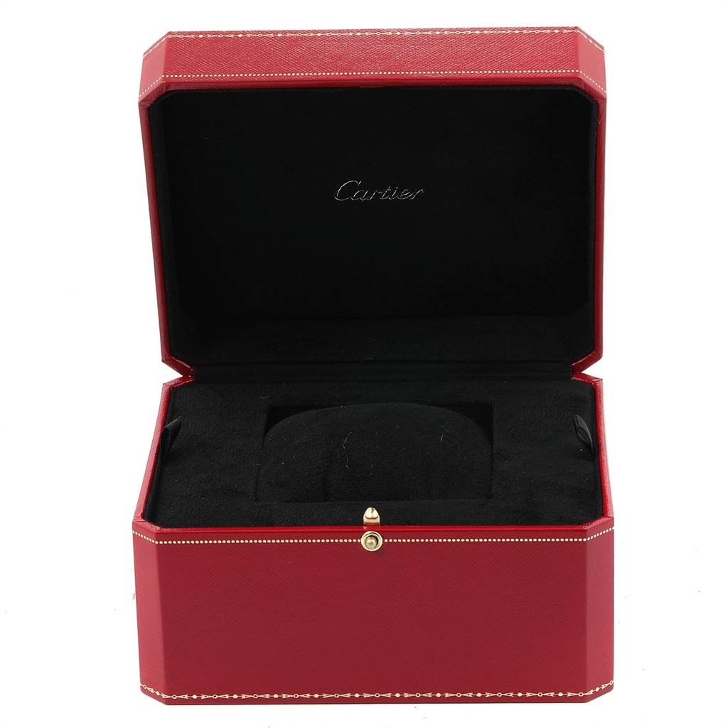 This image shows an open red Cartier watch box for the Panthere model, displaying the velvet interior without the watch.