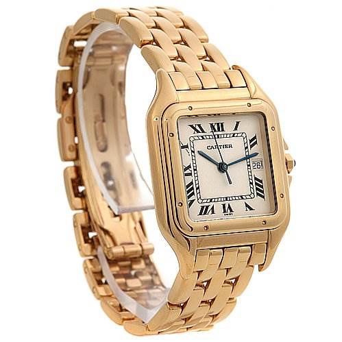 The image shows a front angle of the Cartier Panthere Yellow Gold Silver Dial Yellow Gold Silver Dial model watch focusing on its face and gold bracelet.