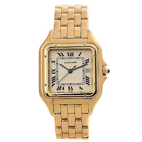 The image shows a front view of a Panthere model by Cartier, displaying the watch face with Roman numerals, date window, and gold bracelet.