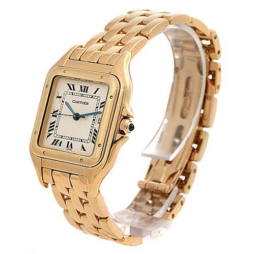 The image shows a Cartier Panthere Yellow Gold Silver Dial Yellow Gold Silver Dial watch angled to display the face, band, and side.
