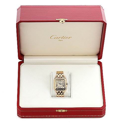 The Cartier Panthere Yellow Gold Silver Dial Yellow Gold Silver Dial model watch is shown from the front, displayed inside an open red Cartier box.