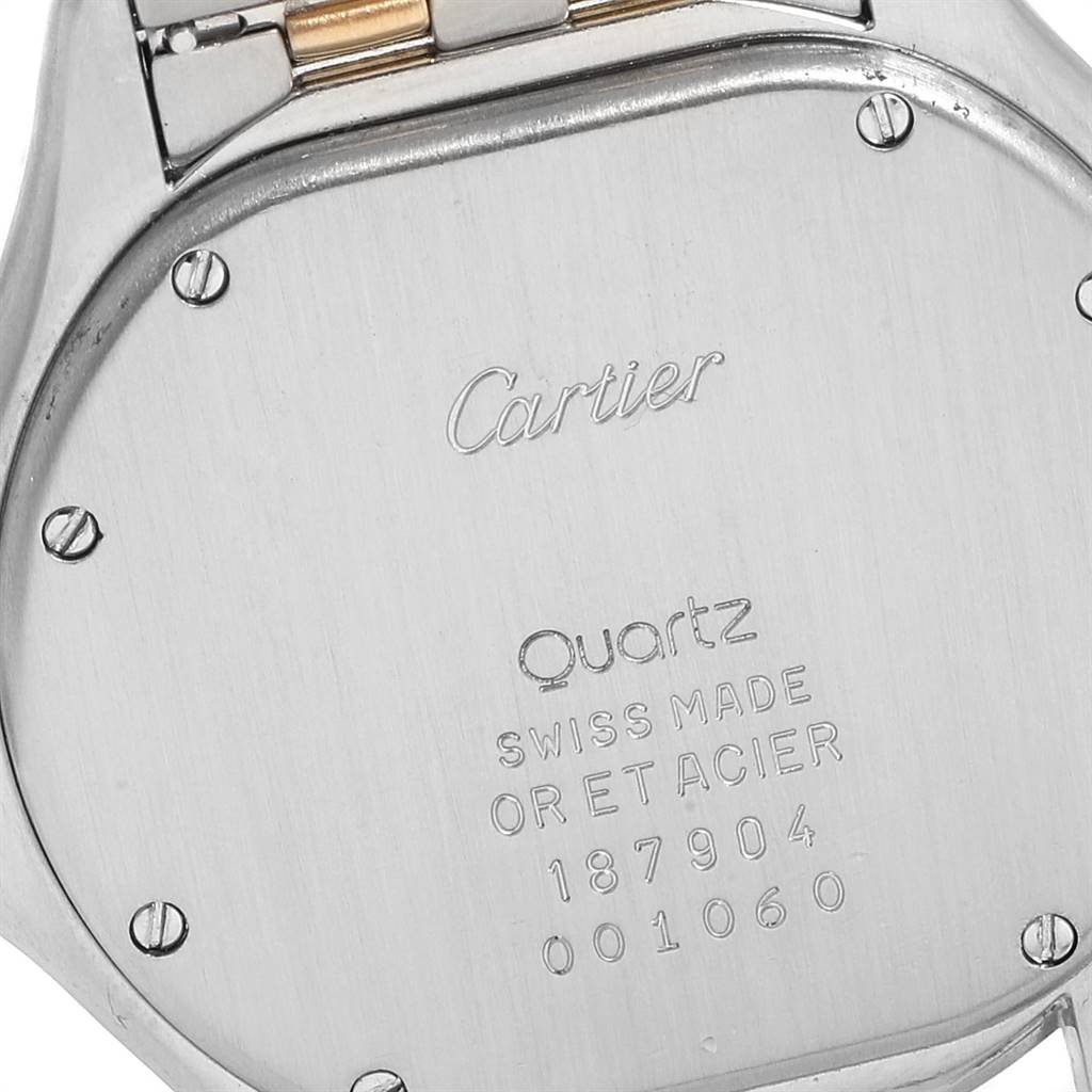 This image shows the back casing of the Cartier Panthere W35006B6 Steel and Gold (two tone) Silver Dial W35006B6 Steel and Gold (two tone) Silver Dial watch, including the brand engraving and serial numbers.