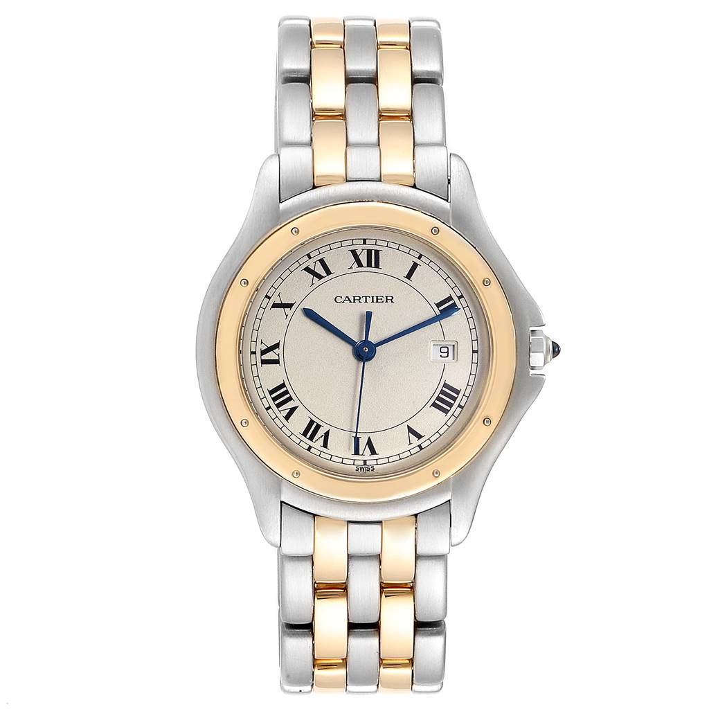 This image shows a front view of the Cartier Panthere W35006B6 Steel and Gold (two tone) Silver Dial W35006B6 Steel and Gold (two tone) Silver Dial watch, highlighting the dial, bezel, bracelet, and date window.
