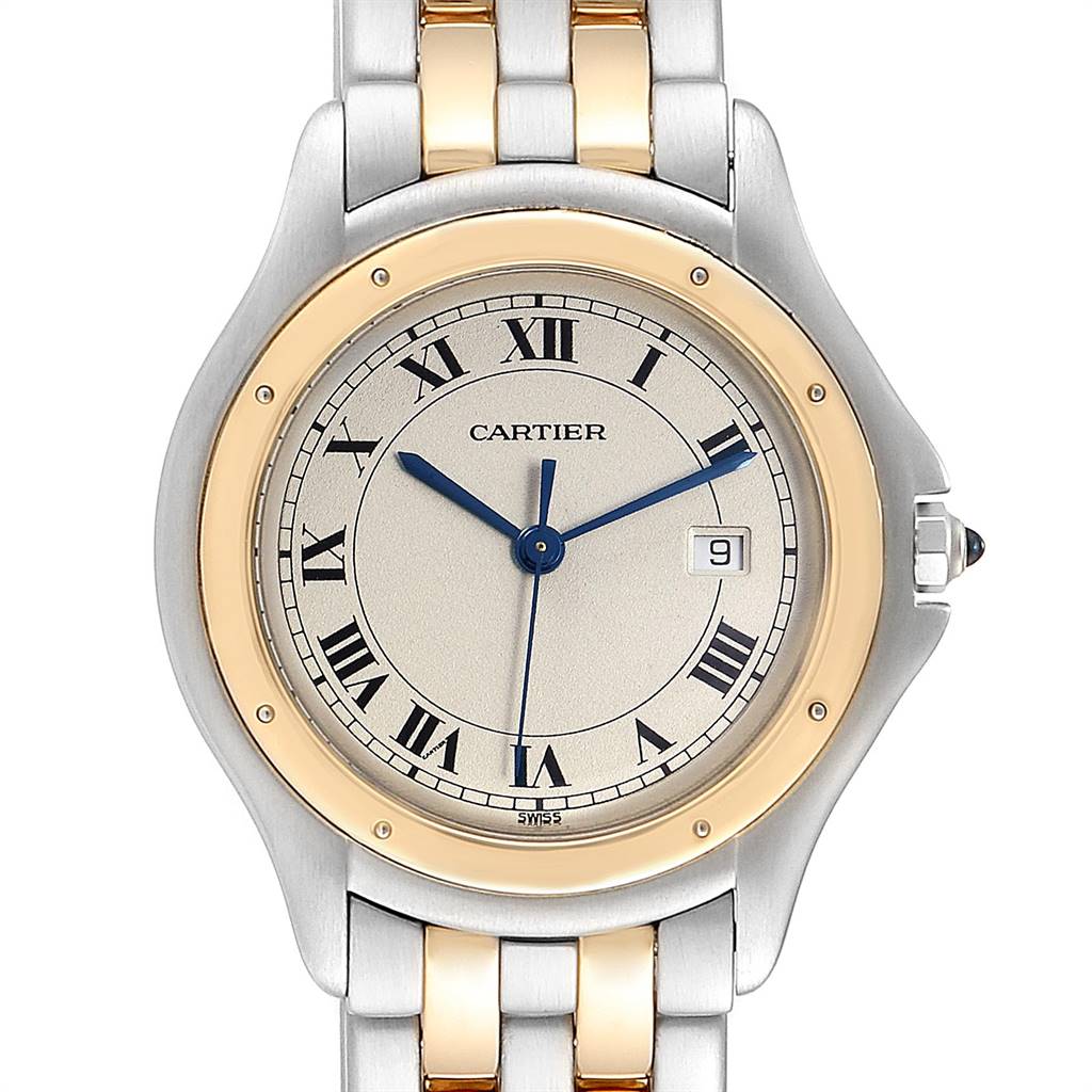 This image shows a front view of the Cartier Panthere W35006B6 Steel and Gold (two tone) Silver Dial W35006B6 Steel and Gold (two tone) Silver Dial watch, displaying the dial, Roman numerals, hands, and part of the strap.