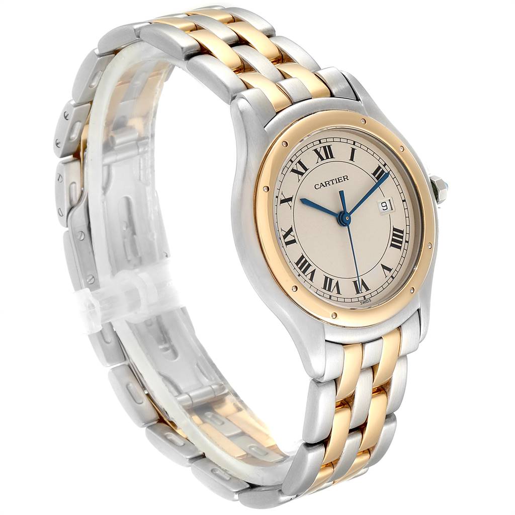 The image shows a Panthere model by Cartier from a front angle, illustrating its two-tone metal bracelet and round watch face with Roman numerals.