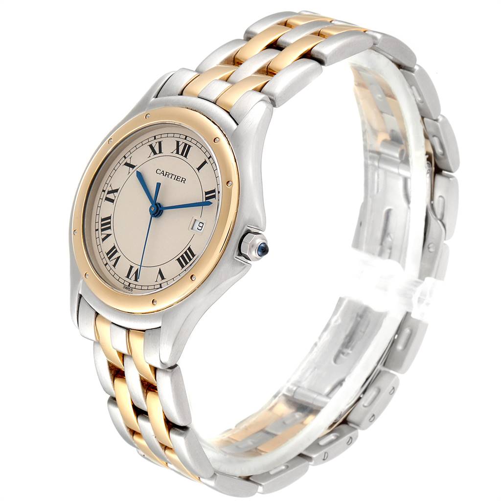 The image shows a side angle of the Cartier Panthere W35006B6 Steel and Gold (two tone) Silver Dial W35006B6 Steel and Gold (two tone) Silver Dial model watch, highlighting its two-tone bracelet and round dial.