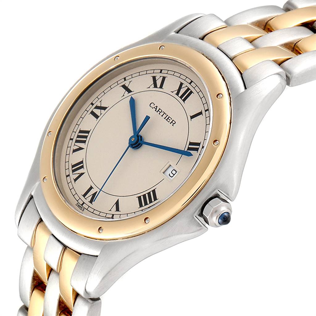 This image shows a close-up, angled view of a Cartier Panthere W35006B6 Steel and Gold (two tone) Silver Dial W35006B6 Steel and Gold (two tone) Silver Dial watch displaying its face, bezel, crown, and part of the bracelet.