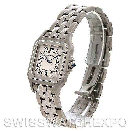 The image shows a side view of a Cartier Panthere W25054P5 Stainless Steel Silver Dial W25054P5 Stainless Steel Silver Dial watch displaying its face, bracelet, and clasp.