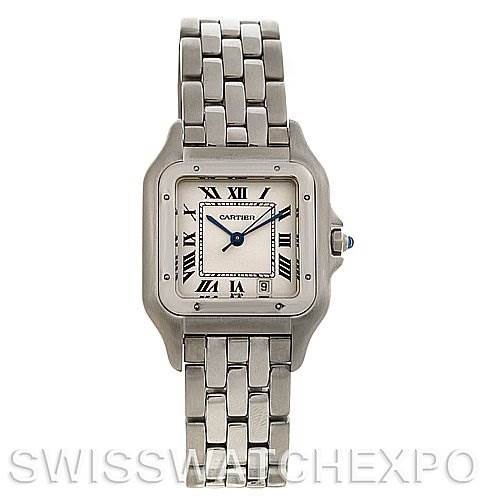 This is a front view of the Cartier Panthere W25054P5 Stainless Steel Silver Dial W25054P5 Stainless Steel Silver Dial watch showcasing its face, bracelet, and bezel.