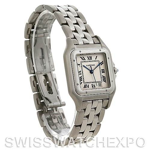The image shows a side and front angle of a Cartier Panthere W25054P5 Stainless Steel Silver Dial W25054P5 Stainless Steel Silver Dial model watch displaying its face, bracelet, and clasp.