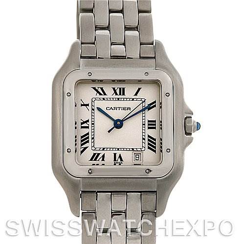 This image shows a Cartier Panthere W25054P5 Stainless Steel Silver Dial W25054P5 Stainless Steel Silver Dial model watch from a top-down angle, highlighting its face, bezel, crown, and bracelet.