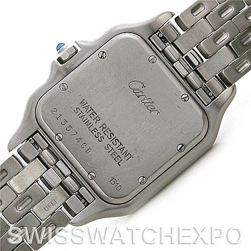 The image shows the back view of a Cartier Panthere W25054P5 Stainless Steel Silver Dial W25054P5 Stainless Steel Silver Dial watch, highlighting its stainless steel case and bracelet.