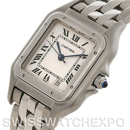 The Cartier Panthere W25054P5 Stainless Steel Silver Dial W25054P5 Stainless Steel Silver Dial watch is shown from a front angle highlighting its face, Roman numeral markers, and part of the metal bracelet.