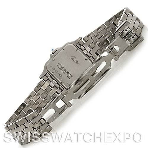 The image shows the underside of a Panthere model by Cartier, focusing on the clasp and part of the stainless steel bracelet.