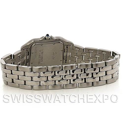 The image shows the backside of a Cartier Panthere W25054P5 Stainless Steel Silver Dial W25054P5 Stainless Steel Silver Dial watch, highlighting the case back and the two-tone metal bracelet.