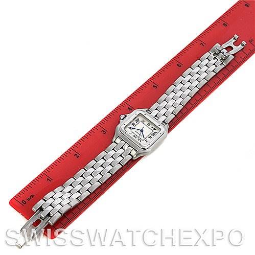 The image shows a Cartier Panthere W25054P5 Stainless Steel Silver Dial W25054P5 Stainless Steel Silver Dial watch lying flat with a red ruler for scale and the clasp visible on the right.