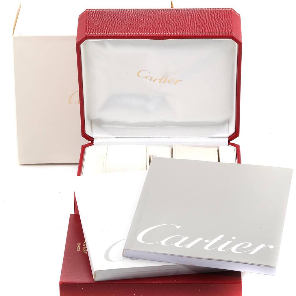 The image shows the packaging, box, and manuals for a Cartier Panthere W25014B9 Yellow Gold Silver Dial W25014B9 Yellow Gold Silver Dial watch, viewed from the front.
