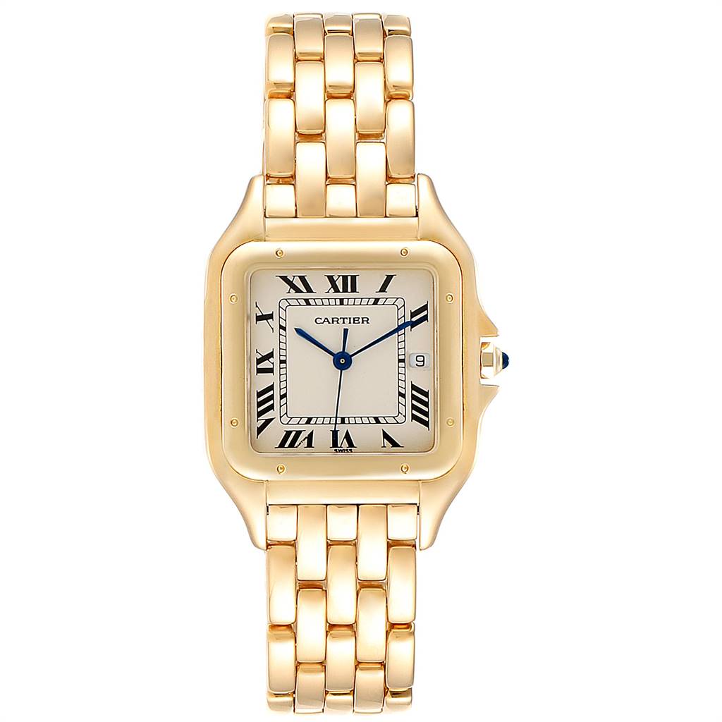 This image shows a front view of the Cartier Panthere W25014B9 Yellow Gold Silver Dial W25014B9 Yellow Gold Silver Dial model watch, displaying its dial, bezel, and bracelet.