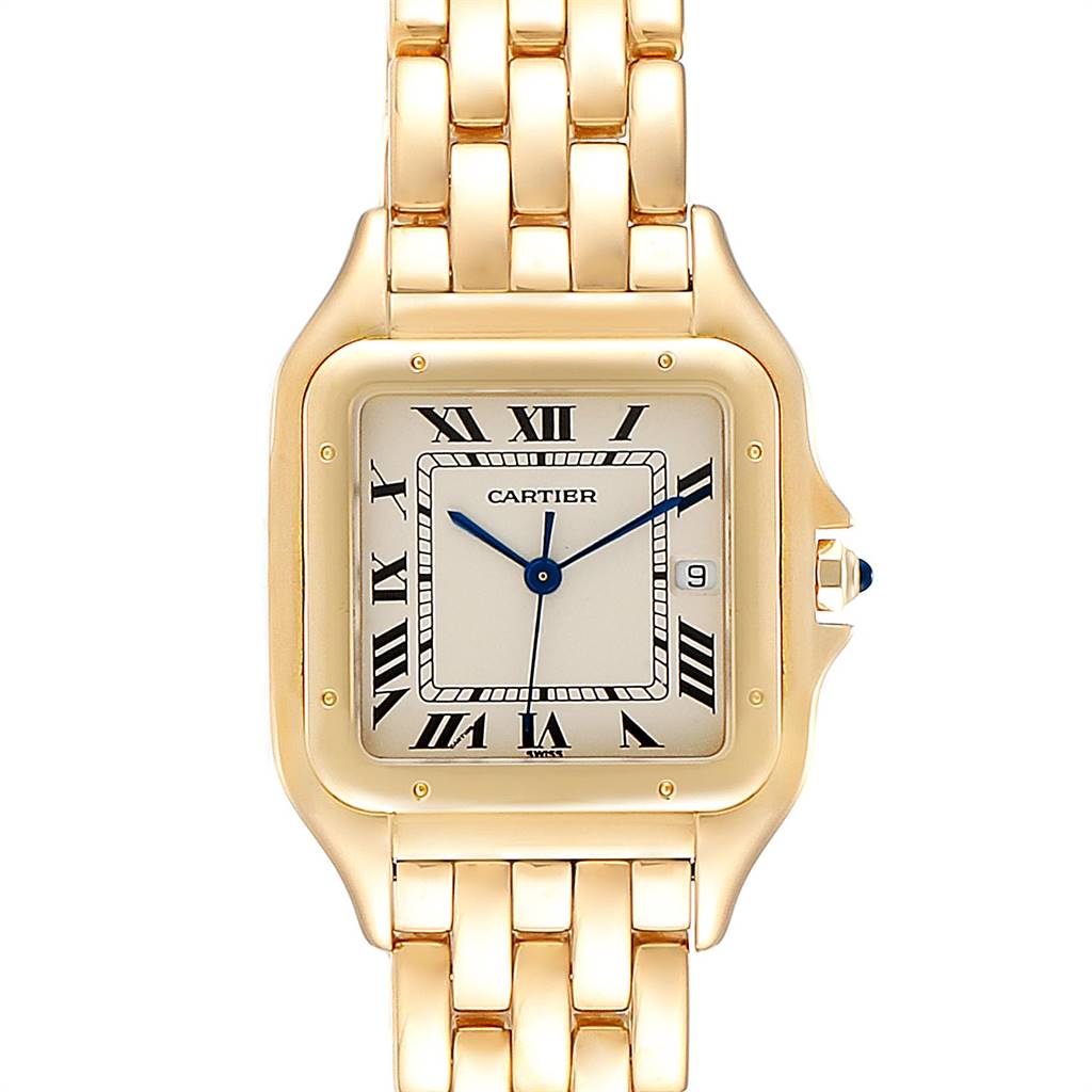 This image shows a front view of the Cartier Panthere W25014B9 Yellow Gold Silver Dial W25014B9 Yellow Gold Silver Dial model watch, displaying the face, hands, date window, and part of the bracelet.