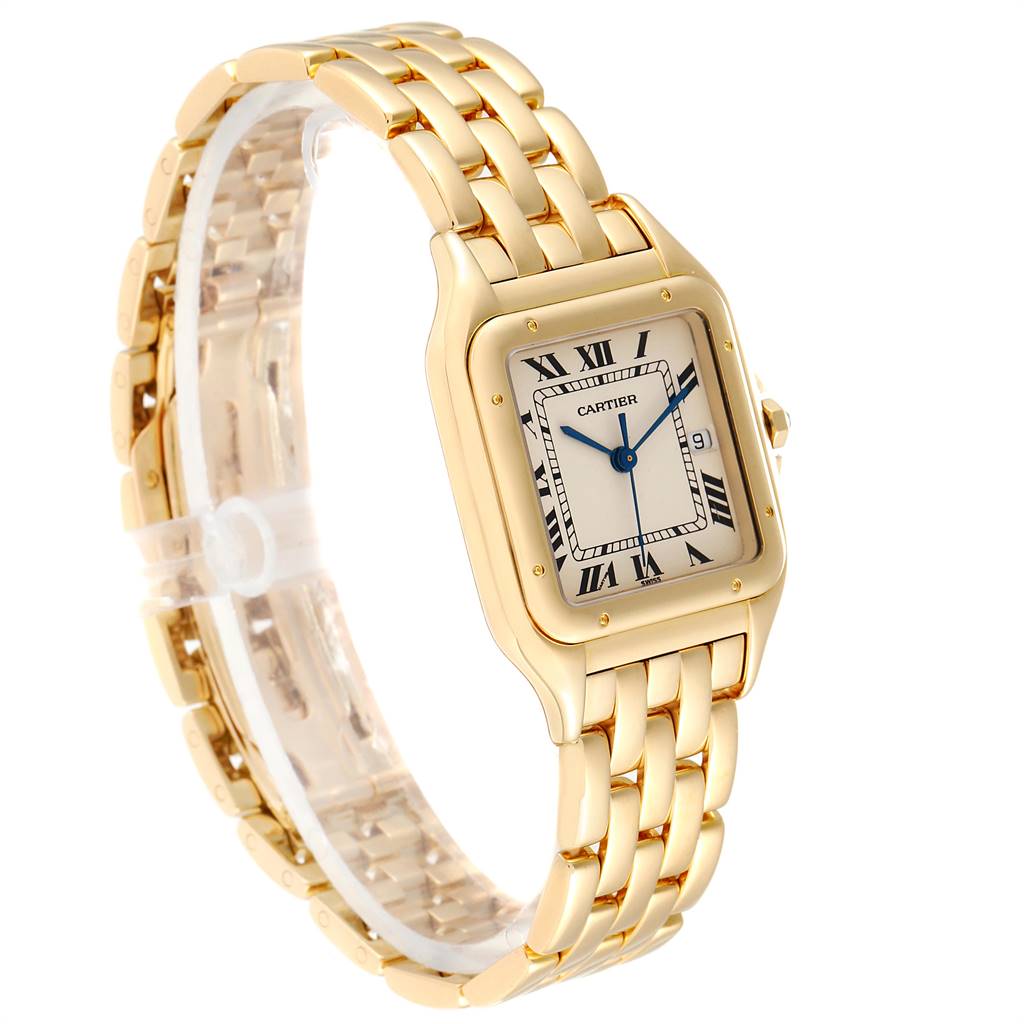 The image shows a Cartier Panthere W25014B9 Yellow Gold Silver Dial W25014B9 Yellow Gold Silver Dial watch angled to display its gold bracelet and rectangular face with Roman numerals.