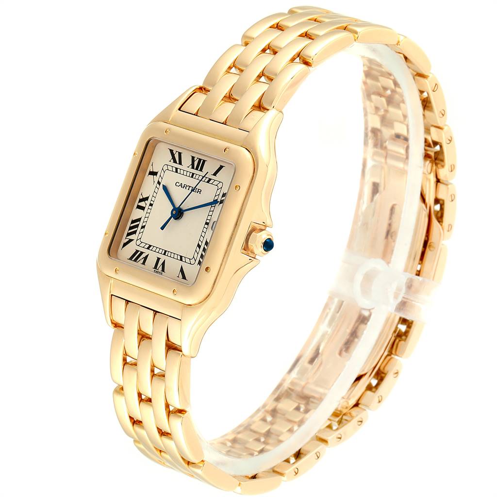 The image shows a gold Cartier Panthere W25014B9 Yellow Gold Silver Dial W25014B9 Yellow Gold Silver Dial watch positioned at a slight angle, showcasing the face, bezel, and bracelet.