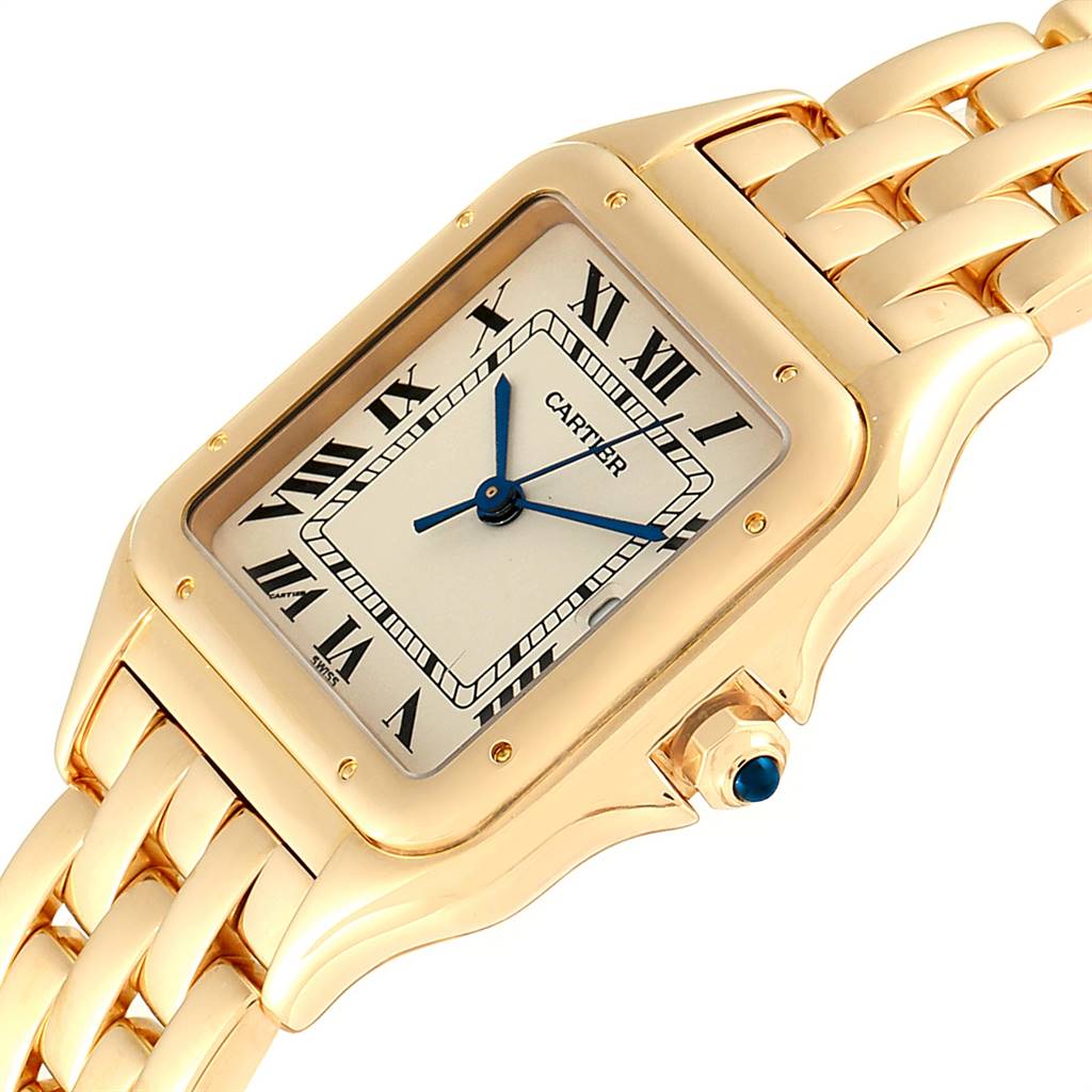 The image shows a Cartier Panthere W25014B9 Yellow Gold Silver Dial W25014B9 Yellow Gold Silver Dial watch, highlighting its gold rectangular case, Roman numeral dial, blue hands, and linked bracelet.