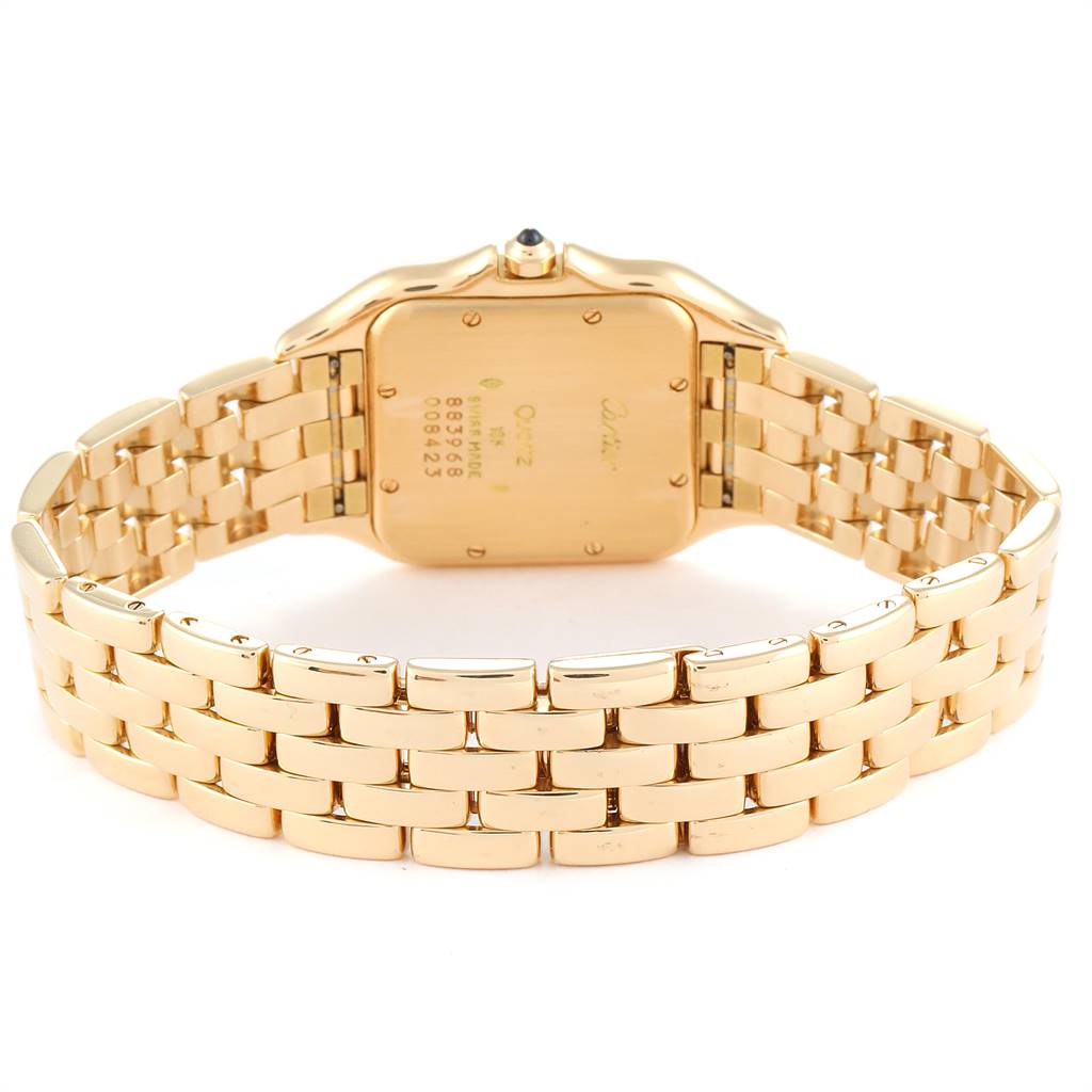 This is a rear view of the Cartier Panthere W25014B9 Yellow Gold Silver Dial W25014B9 Yellow Gold Silver Dial model watch, showing the back of the case and the full gold bracelet.