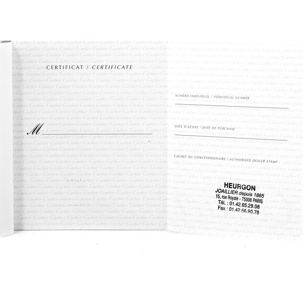 This image shows the open certificate of Best Quality
ity booklet for the Panthere model by Cartier, displaying dealer information and blank fields.
