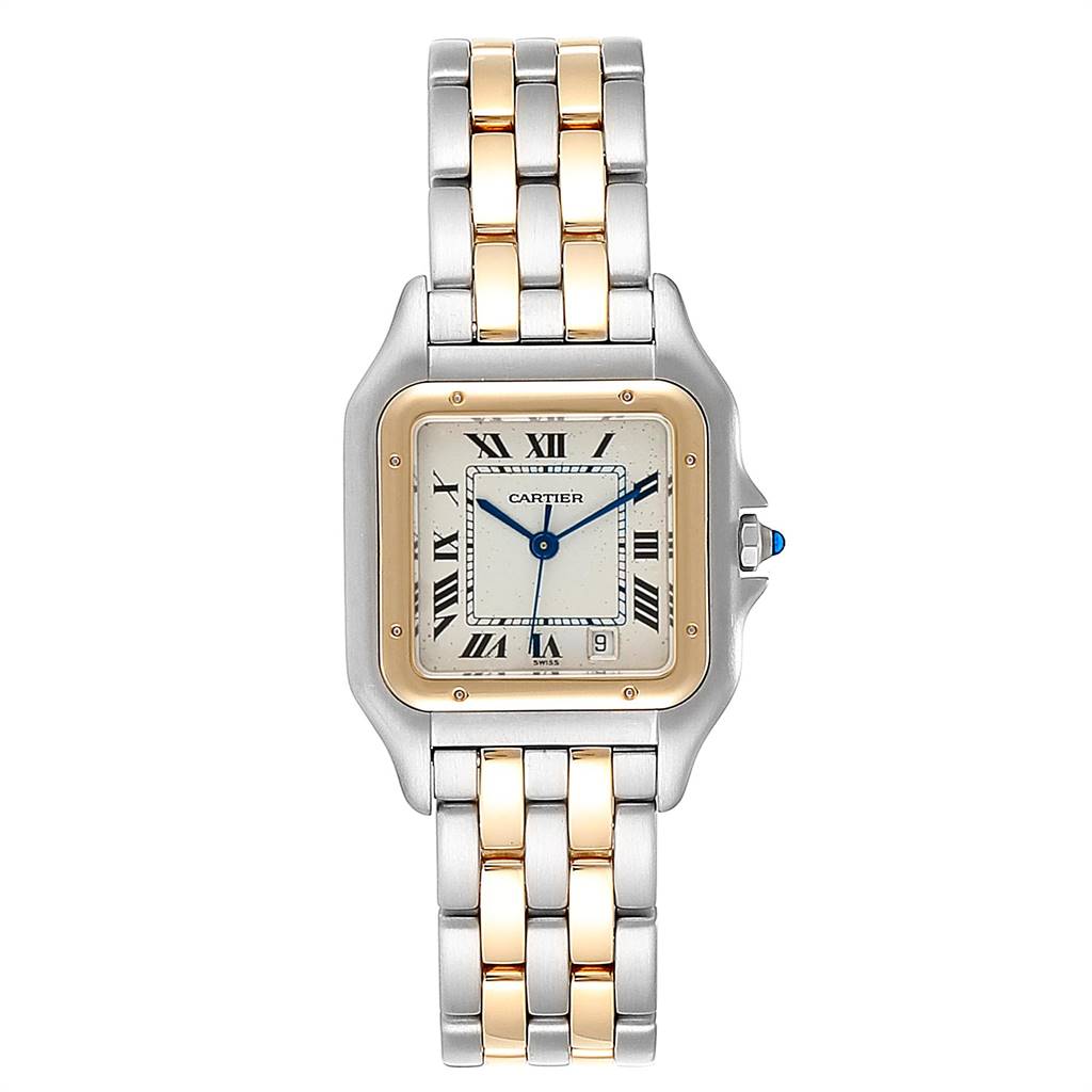The image shows a front view of the Cartier Panthere W25028B8 Steel and Gold (two tone) Silver Dial W25028B8 Steel and Gold (two tone) Silver Dial watch, highlighting its two-tone bracelet, square face, and Roman numeral dial.