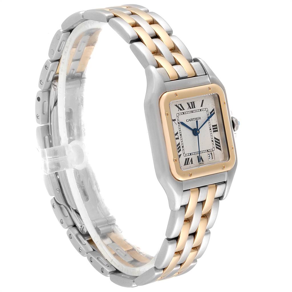 The Cartier Panthere W25028B8 Steel and Gold (two tone) Silver Dial W25028B8 Steel and Gold (two tone) Silver Dial watch is shown at a three-quarter angle, highlighting its two-tone bracelet and square face.