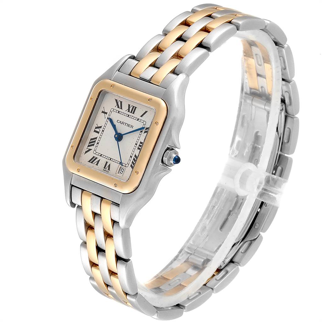 The image shows a Cartier Panthere W25028B8 Steel and Gold (two tone) Silver Dial W25028B8 Steel and Gold (two tone) Silver Dial watch angled slightly from the side, highlighting the face, bezel, crown, and two-tone bracelet.
