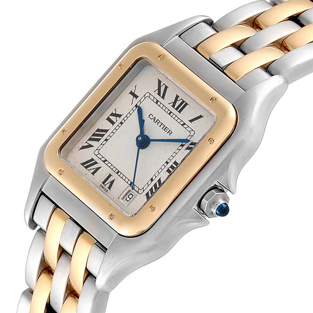 This image displays a Cartier Panthere W25028B8 Steel and Gold (two tone) Silver Dial W25028B8 Steel and Gold (two tone) Silver Dial watch at a slight angle, showcasing its face, crown, and part of the two-tone bracelet.