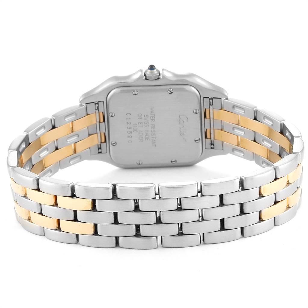 The image shows the back case and bracelet of the Cartier Panthere W25028B8 Steel and Gold (two tone) Silver Dial W25028B8 Steel and Gold (two tone) Silver Dial watch, highlighting its two-tone metal links.