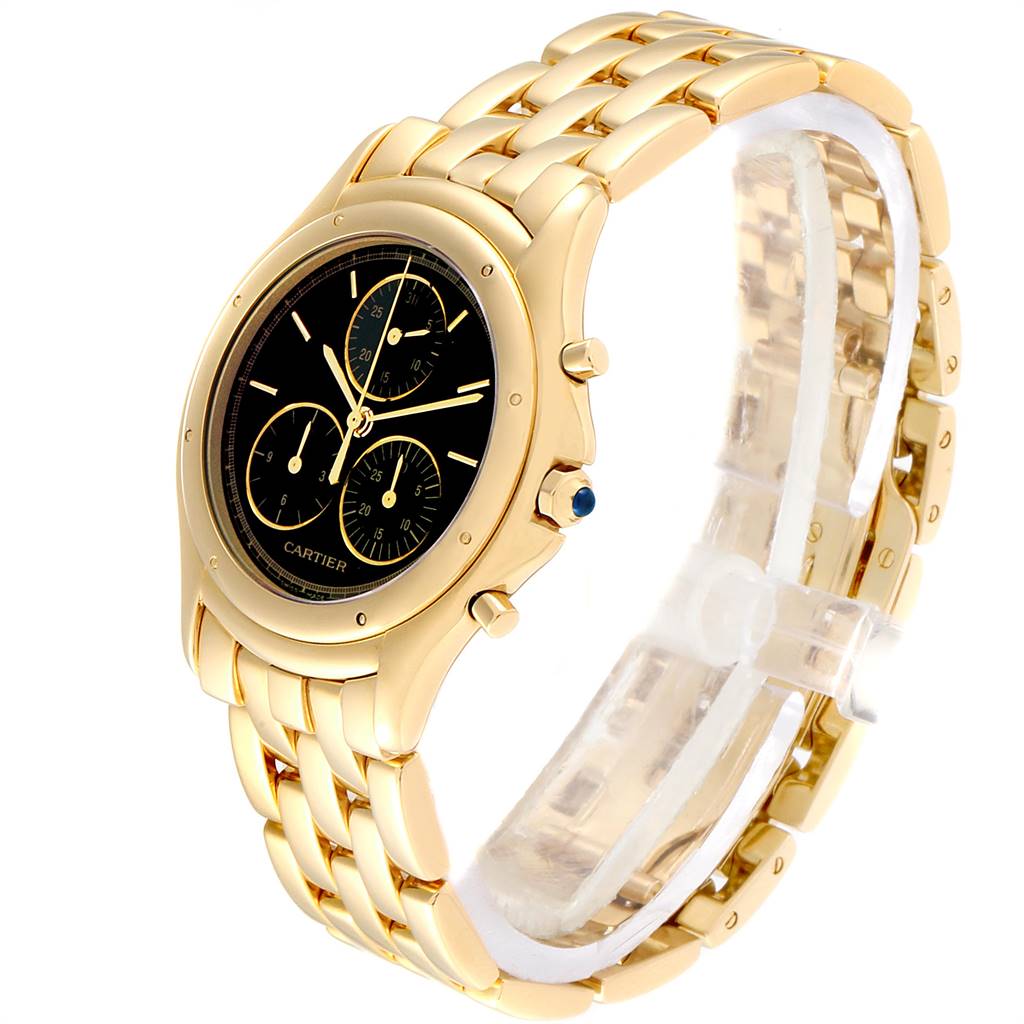 This Cartier Panthere 1162 Yellow Gold Black Dial 1162 Yellow Gold Black Dial watch is shown from a three-quarter angle, highlighting its gold strap, black dial, and side buttons.