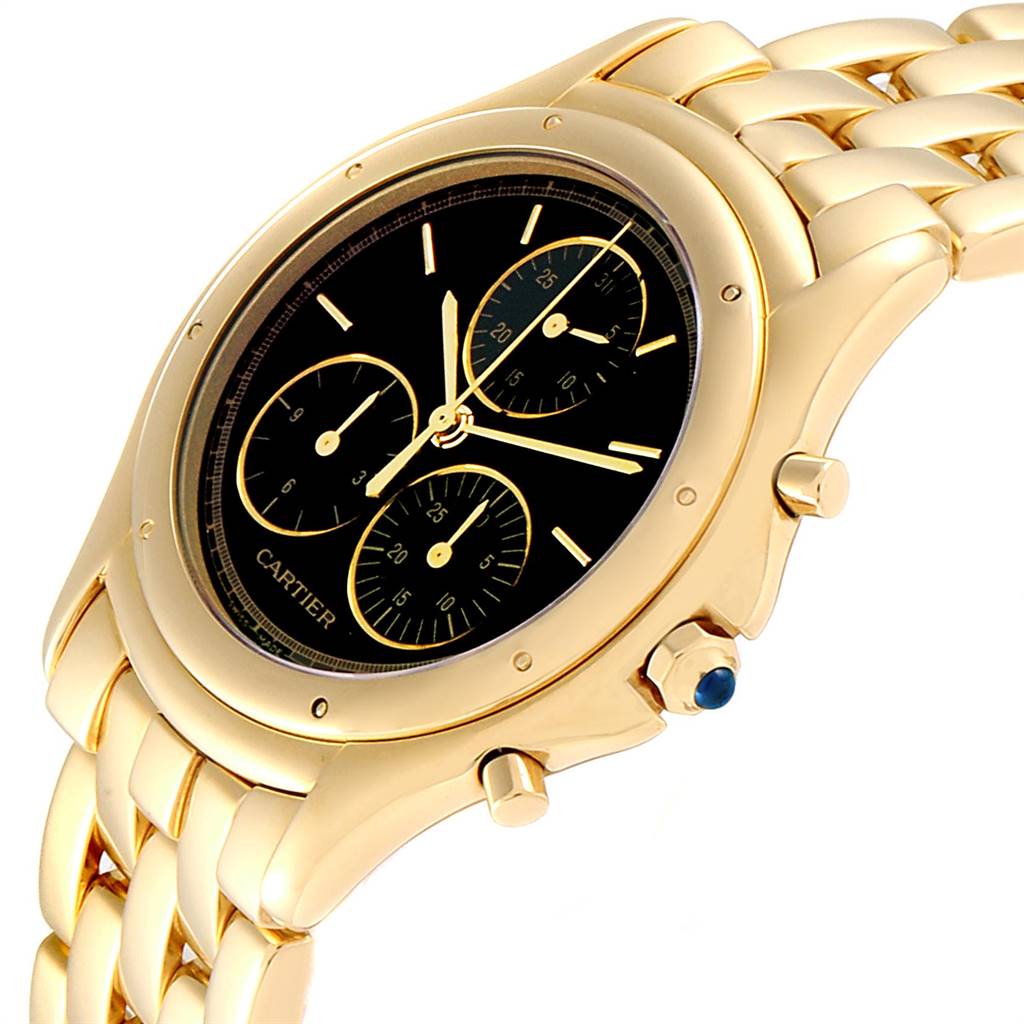 The image shows a side-angle view of the Cartier Panthere 1162 Yellow Gold Black Dial 1162 Yellow Gold Black Dial watch, highlighting its gold bracelet, black dial, and chronograph features.